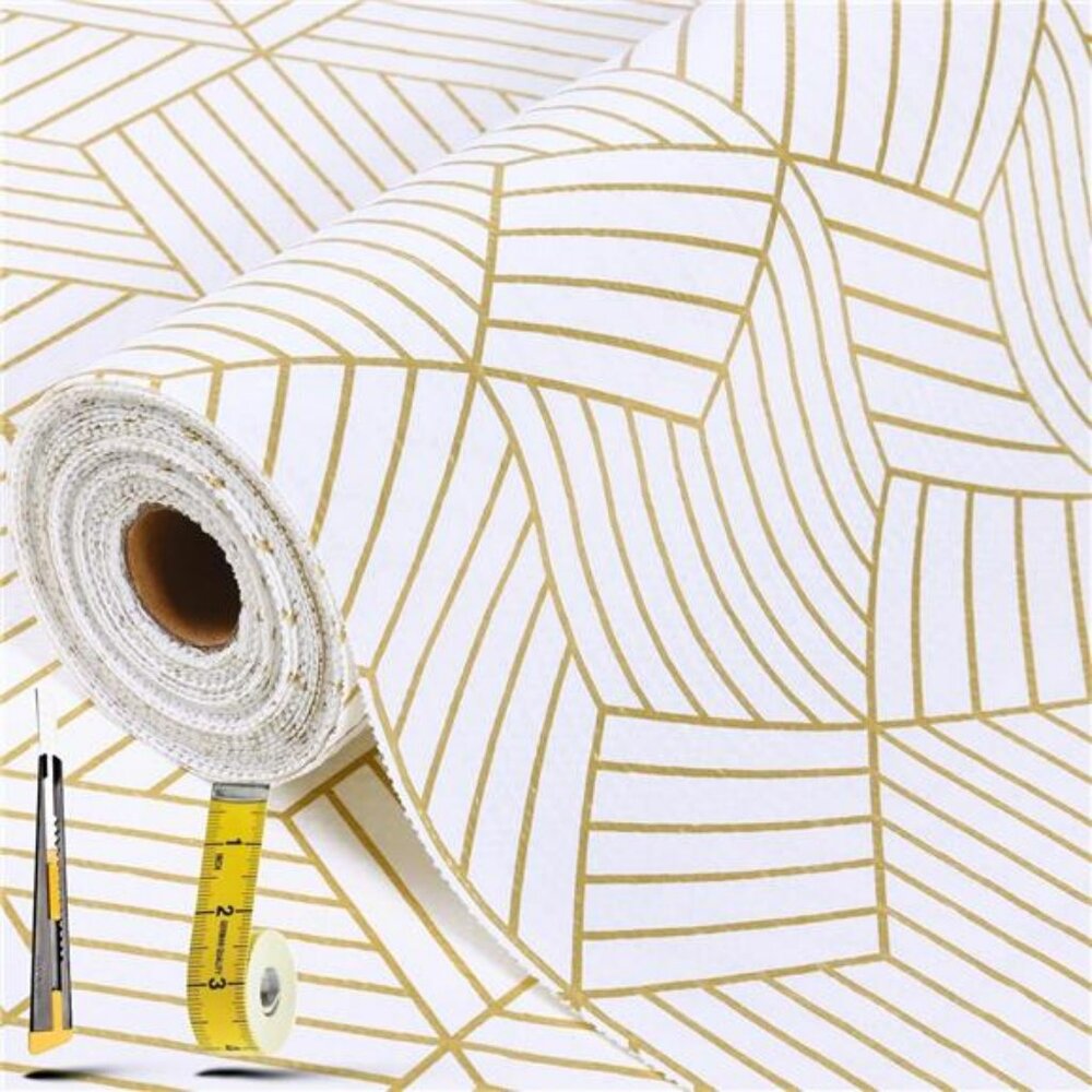 Gold Geometric Shelf Liner 12x20ft Non Slip Kitchen Cabinet Drawer Liner Durable
